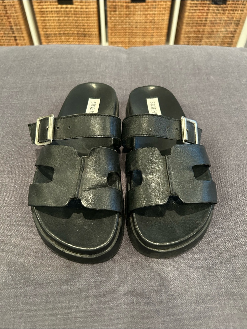 Steve Madden Black Leather Double-Strap Buckle Slides